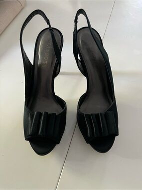 Talbots Black Peep-Toe Slingback Heels with Pleated Bow Accent